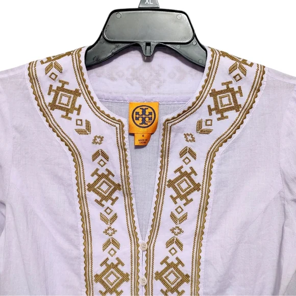 Tory Burch Lilac Purple Embroidered Gold Long Sleeve Cotton Blouse Women Size 4 - Picture 3 of 7
